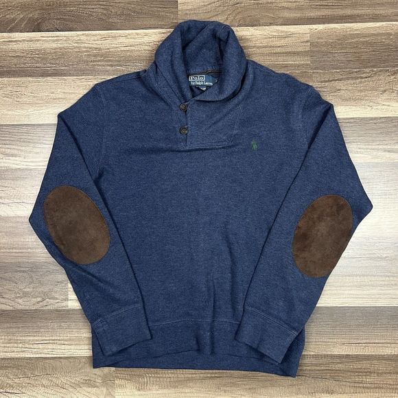 Polo Ralph Lauren Other - Vintage Polo Ralph Lauren Mens Blue Sweater Shawl Neck Suede Elbow Patch Sz S